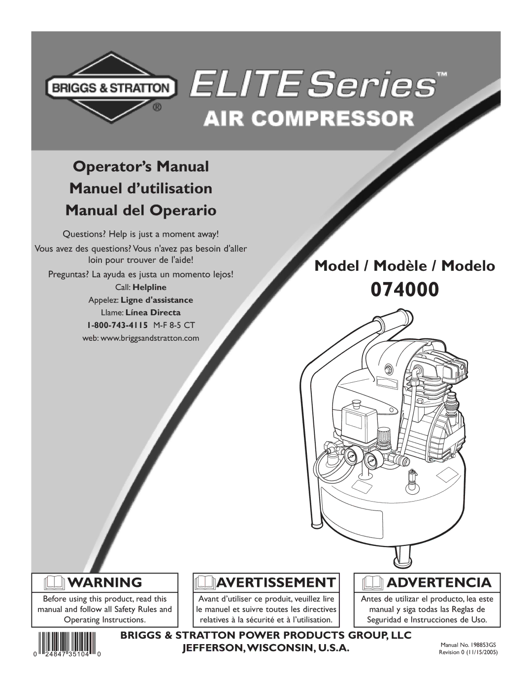 Briggs & Stratton 074000 manuel dutilisation Operator’s Manual Manuel d’utilisation Manual del Operario 