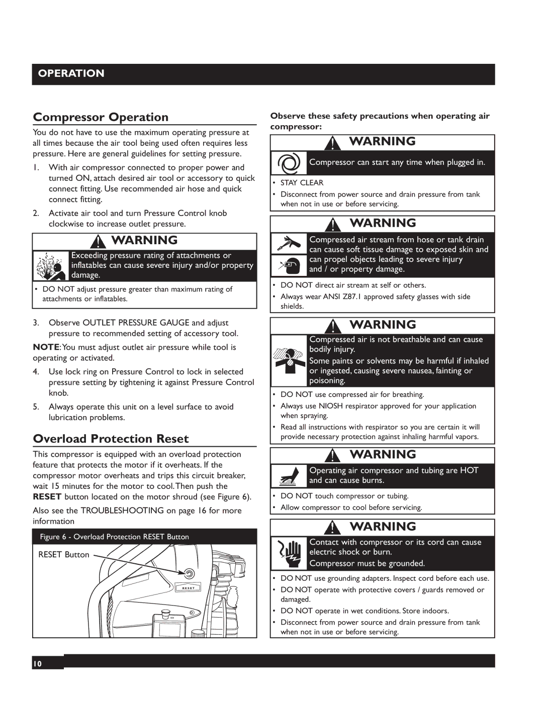 Briggs & Stratton 074000 manuel dutilisation Compressor Operation, Overload Protection Reset 