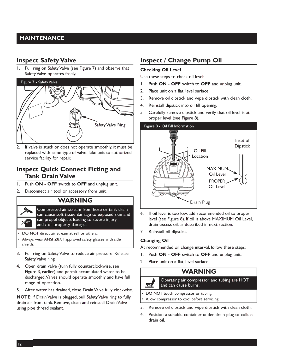 Briggs & Stratton 074000 Inspect Safety Valve, Inspect Quick Connect Fitting and Tank Drain Valve, Maintenance 