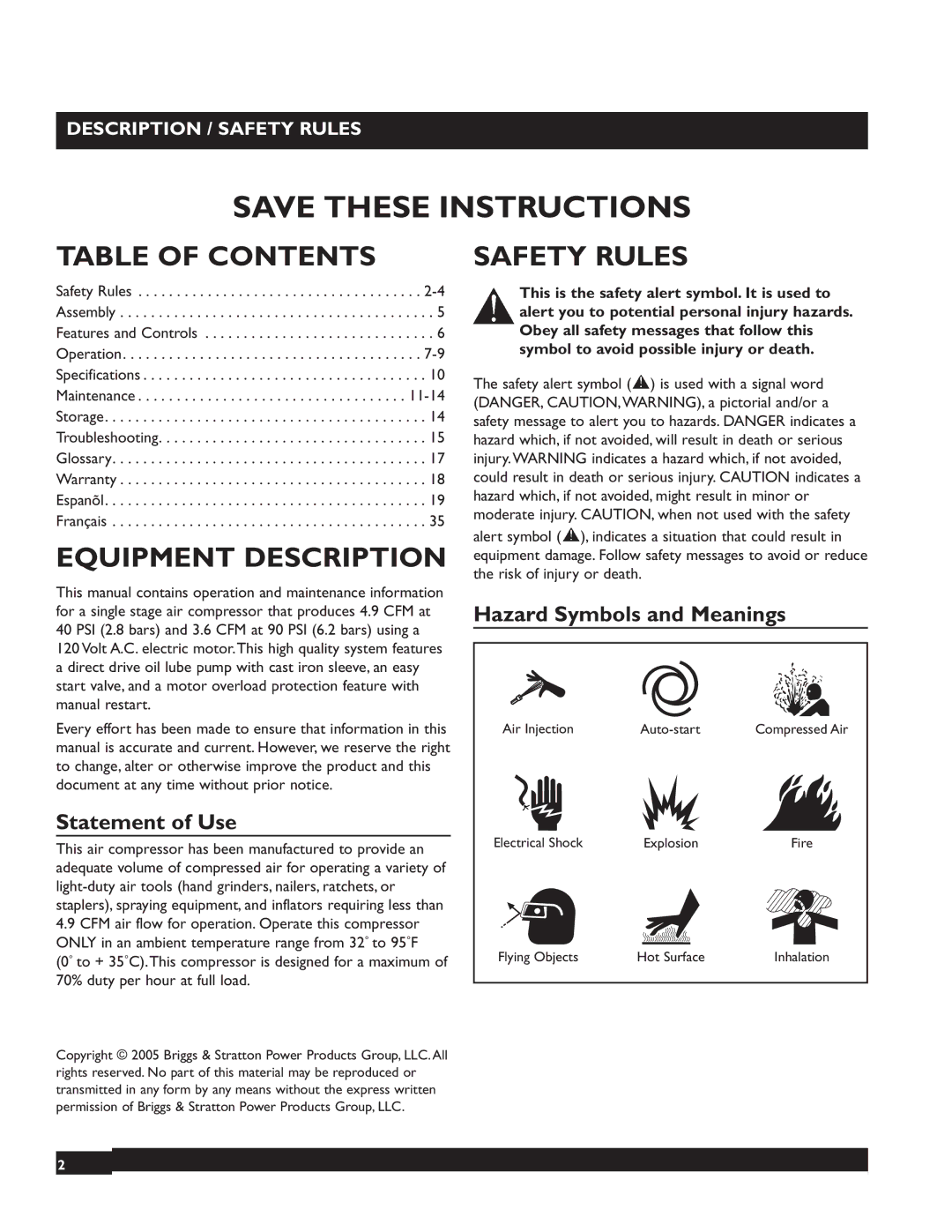 Briggs & Stratton 074000 manuel dutilisation Table of Contents, Equipment Description, Safety Rules 