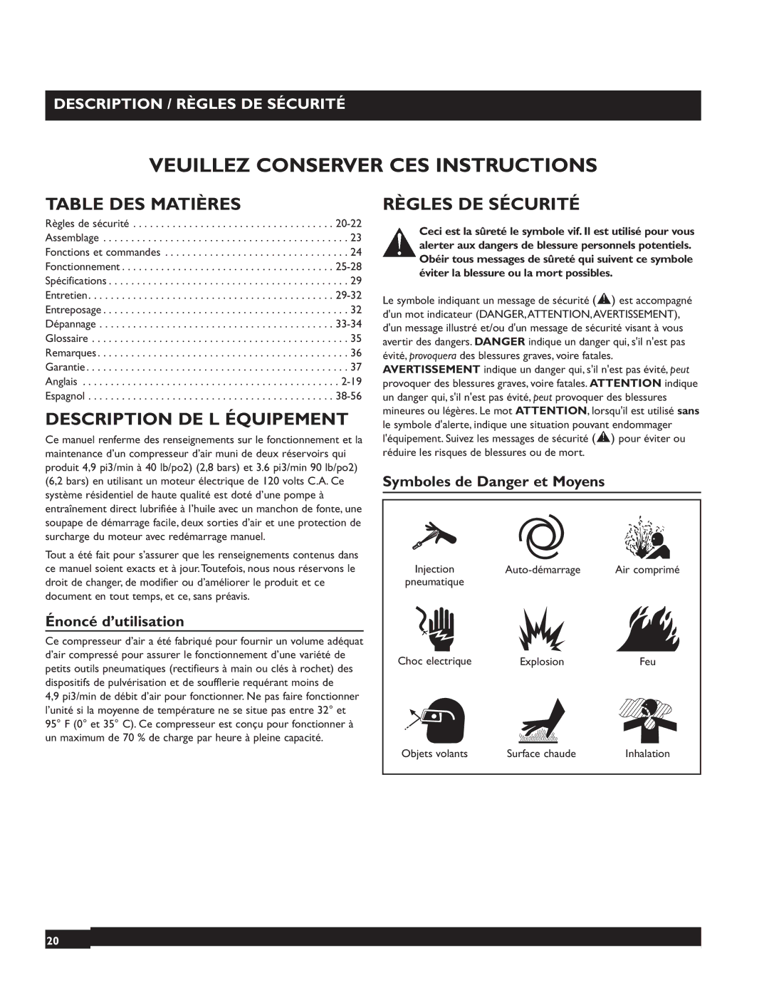 Briggs & Stratton 074000 manuel dutilisation Table DES Matières, Description DE L Équipement, Règles DE Sécurité 