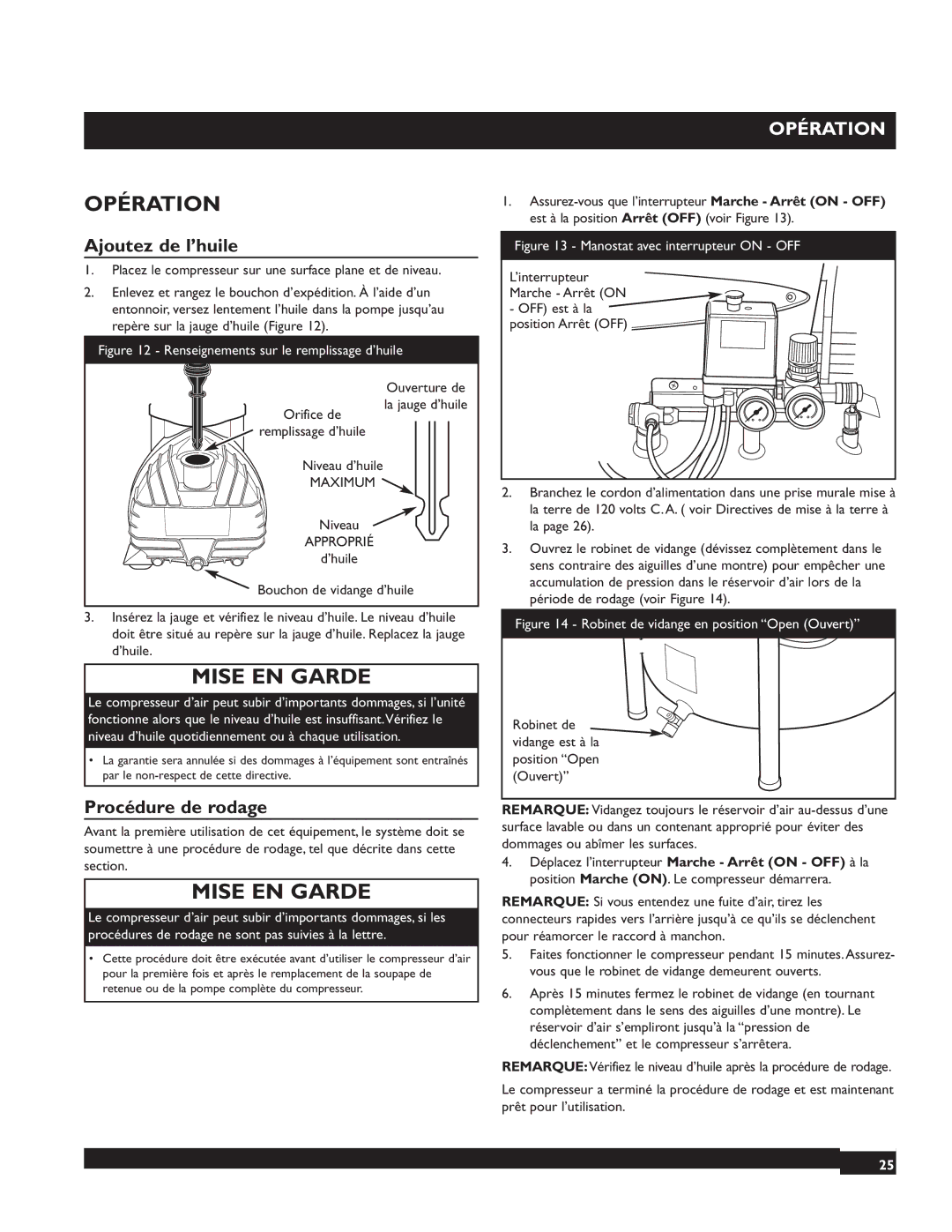 Briggs & Stratton 074000 manuel dutilisation Opération, Ajoutez de l’huile, Procédure de rodage 