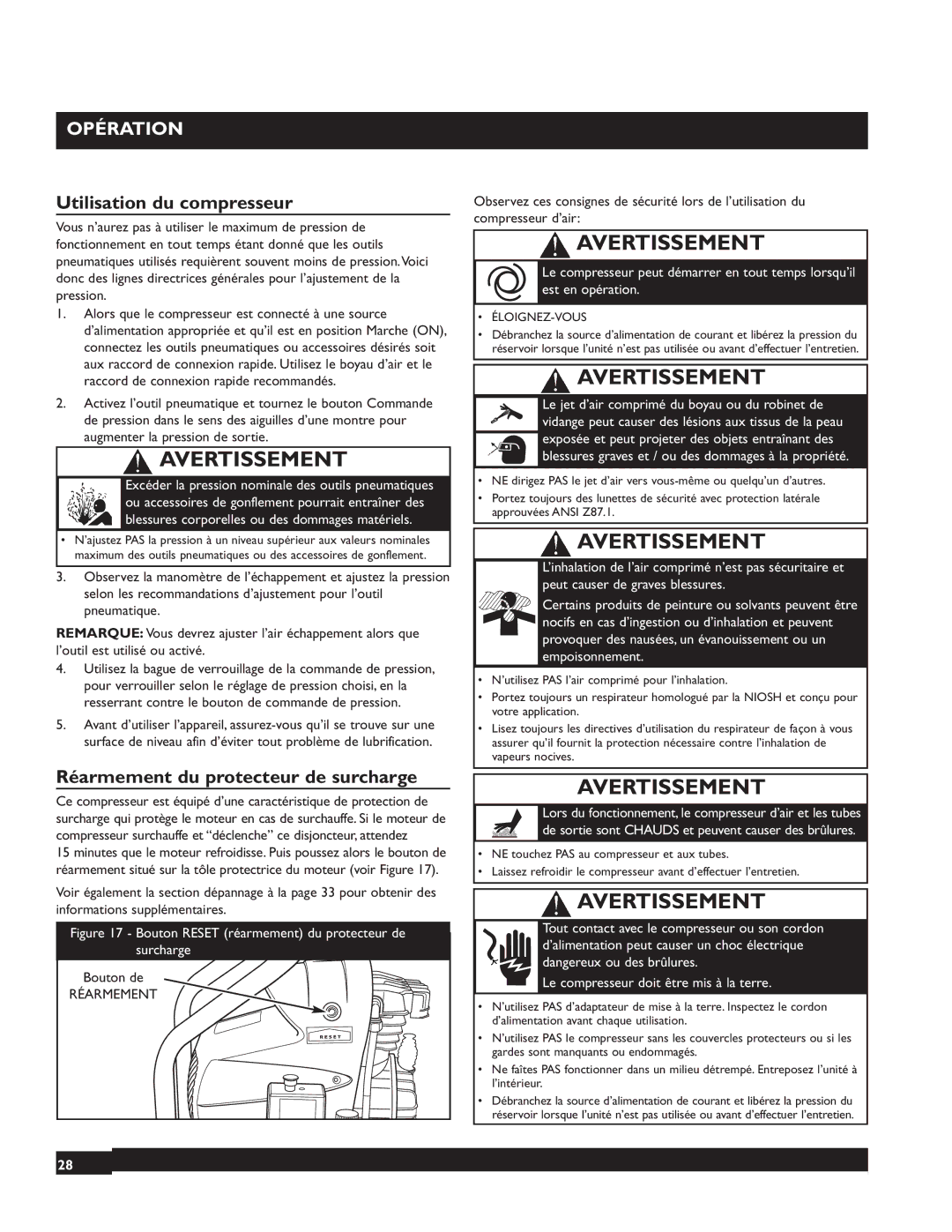 Briggs & Stratton 074000 manuel dutilisation Utilisation du compresseur, Réarmement du protecteur de surcharge, Bouton de 