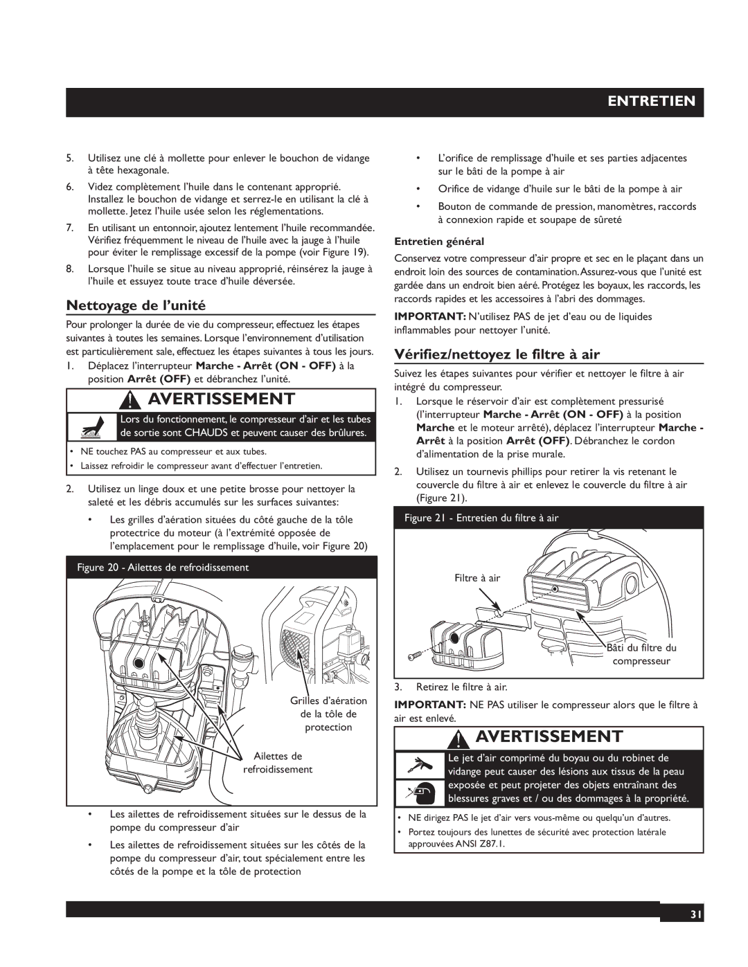 Briggs & Stratton 074000 manuel dutilisation Nettoyage de l’unité, Vérifiez/nettoyez le filtre à air, Entretien général 