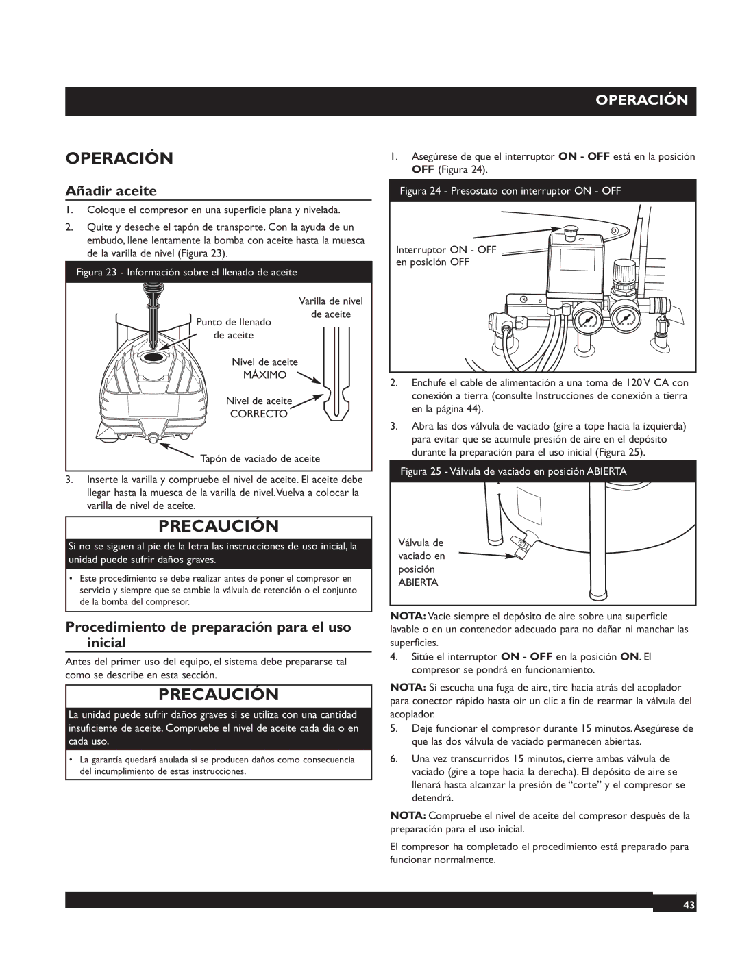 Briggs & Stratton 074000 manuel dutilisation Operación, Añadir aceite, Procedimiento de preparación para el uso inicial 