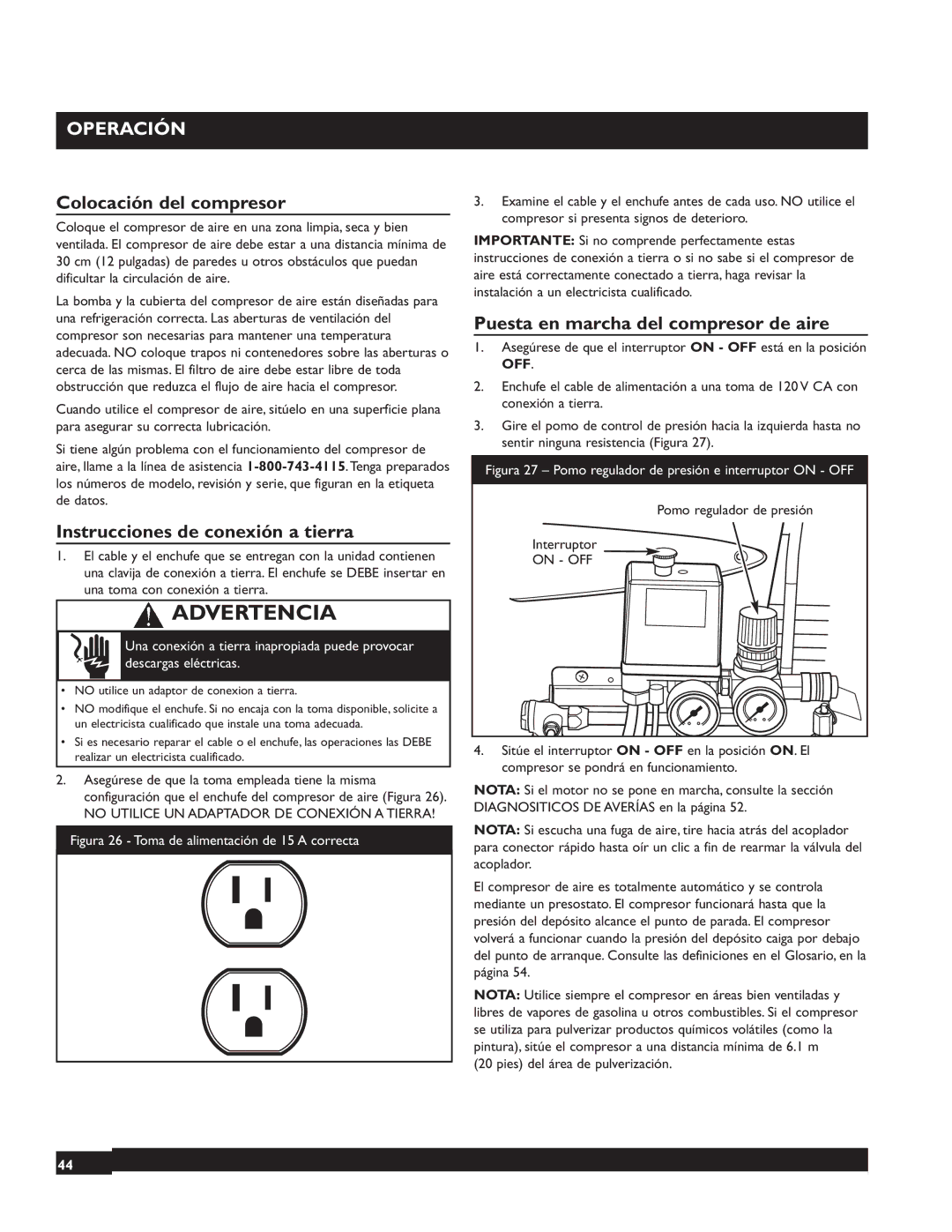 Briggs & Stratton 074000 manuel dutilisation Colocación del compresor, Instrucciones de conexión a tierra, On OFF 