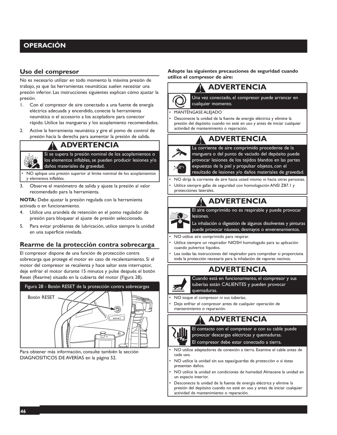 Briggs & Stratton 074000 manuel dutilisation Uso del compresor, Rearme de la protección contra sobrecarga, Botón Reset 