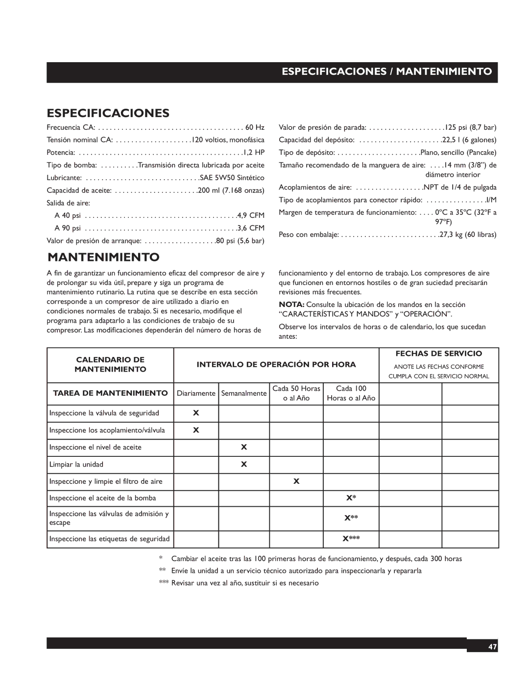 Briggs & Stratton 074000 manuel dutilisation Especificaciones / Mantenimiento 