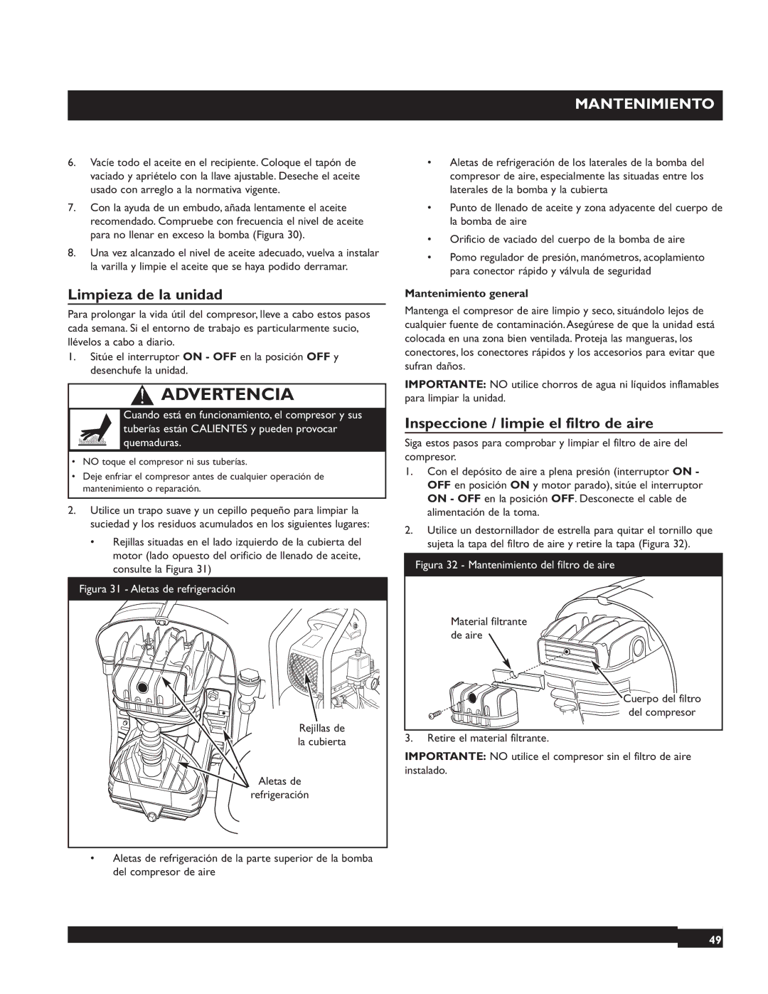 Briggs & Stratton 074000 Limpieza de la unidad, Inspeccione / limpie el filtro de aire, Mantenimiento general 