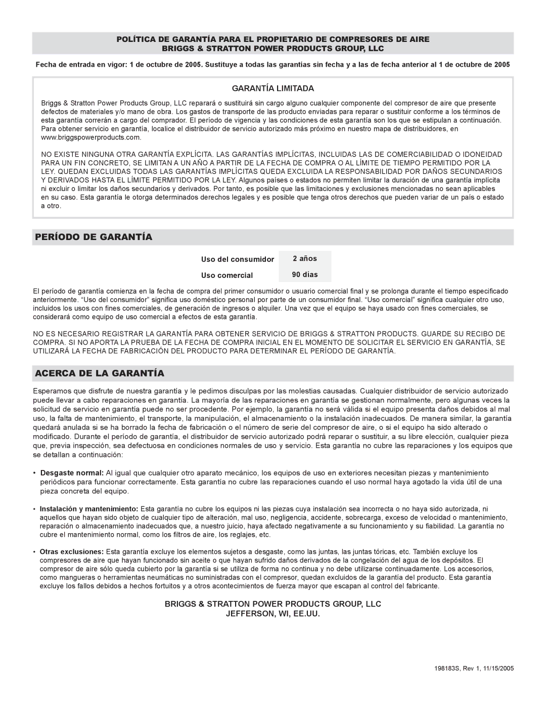 Briggs & Stratton 074000 manuel dutilisation Período DE Garantía 