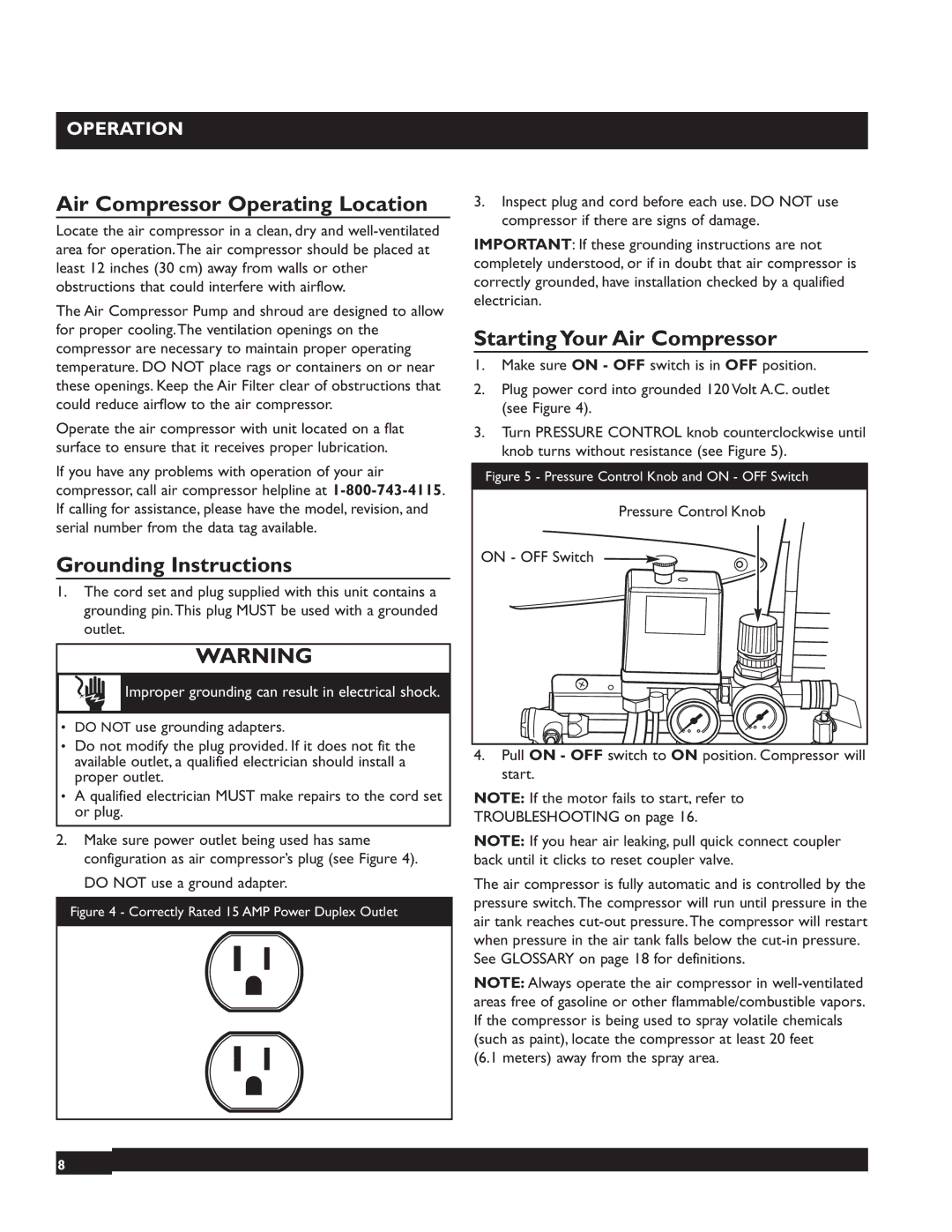 Briggs & Stratton 074000 Air Compressor Operating Location, Grounding Instructions, Starting Your Air Compressor 