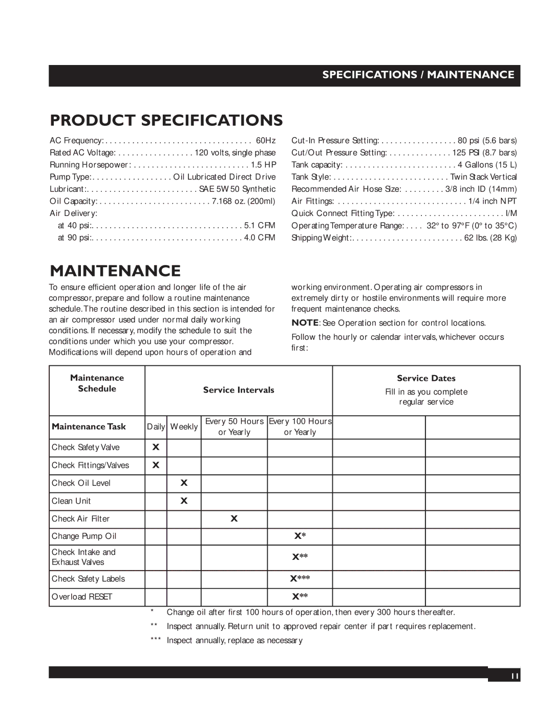 Briggs & Stratton 074001 Product Specifications, Specifications / Maintenance, Fill in as you complete 