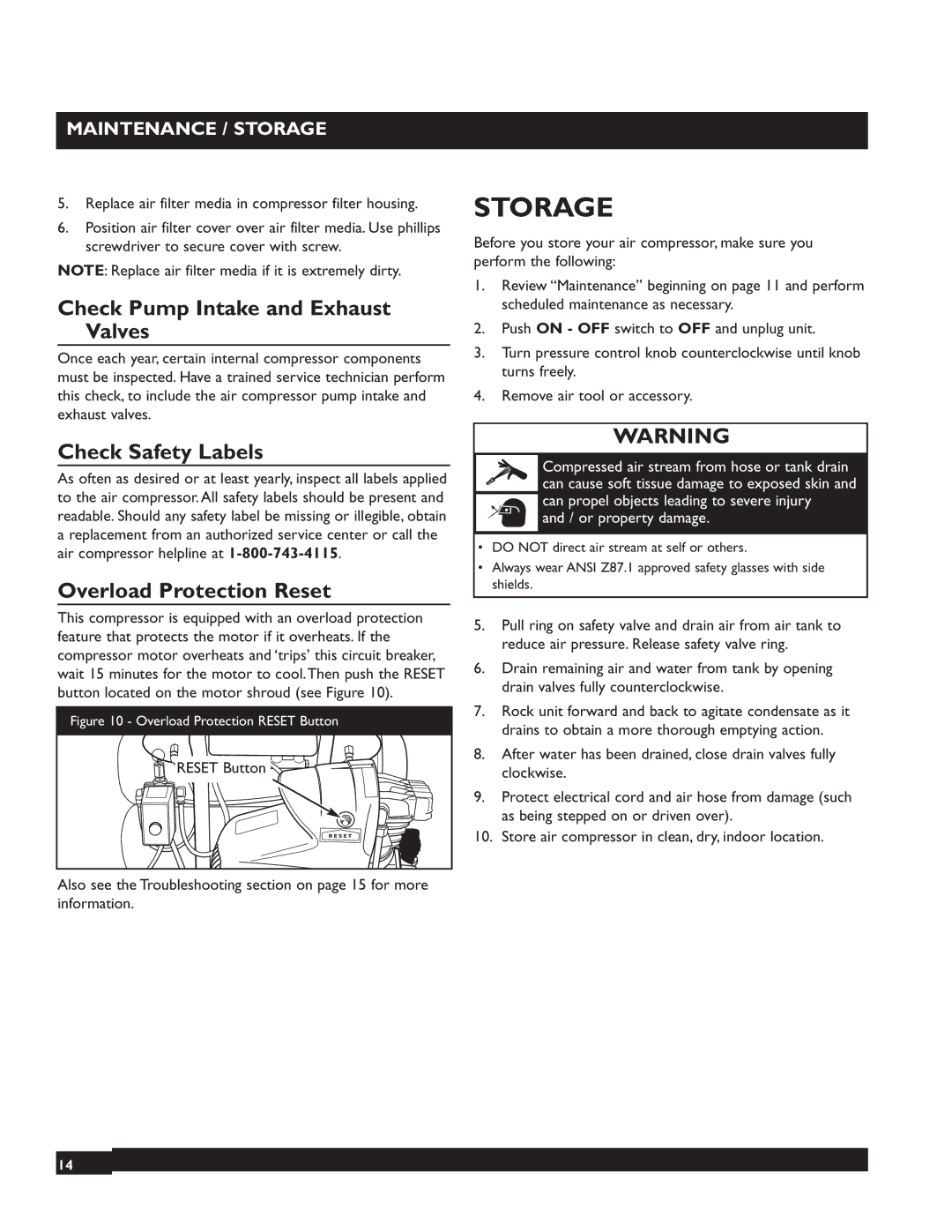 Briggs & Stratton 074001 Storage, Check Pump Intake and Exhaust Valves, Check Safety Labels, Overload Protection Reset 