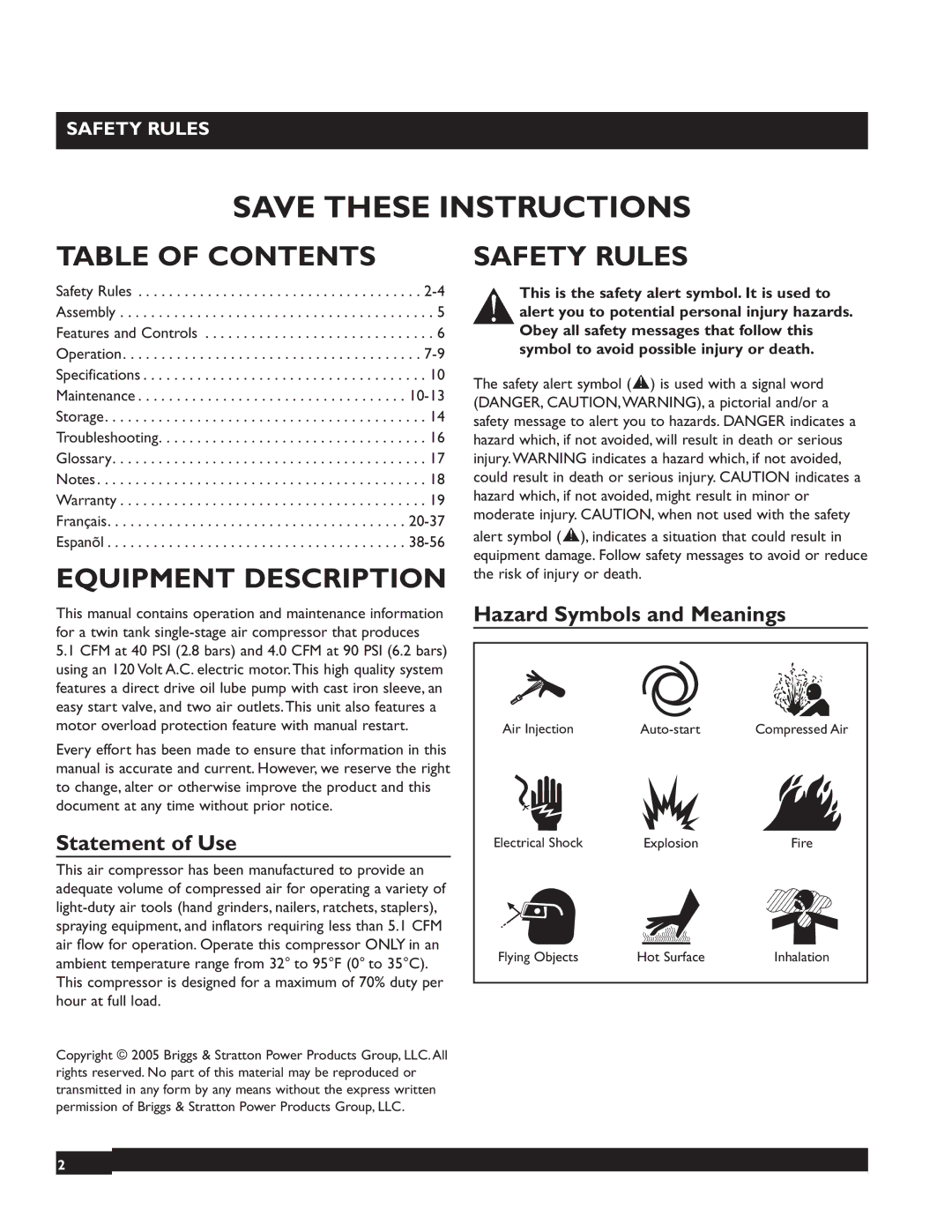 Briggs & Stratton 074001 manuel dutilisation Table of Contents, Equipment Description, Safety Rules 