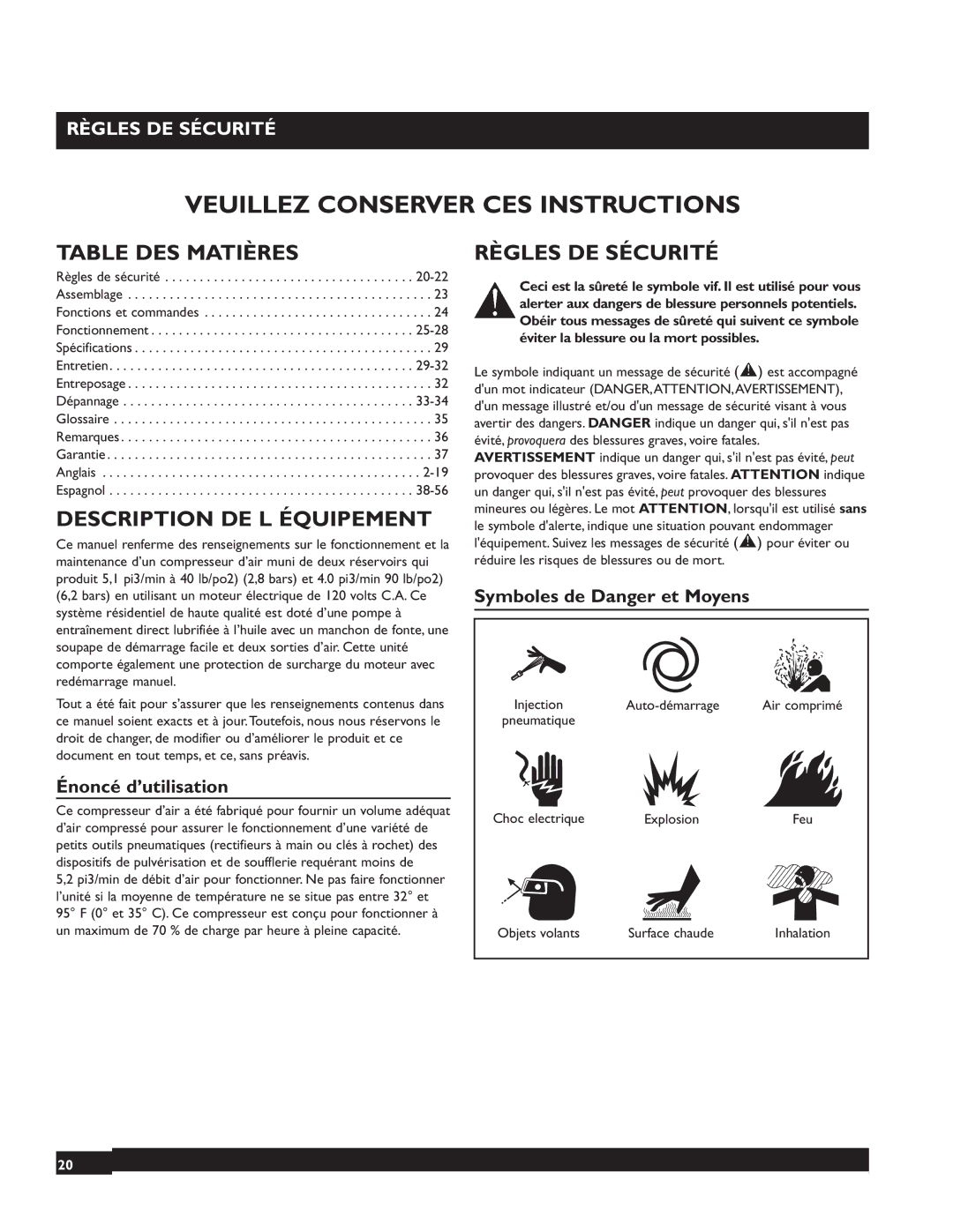 Briggs & Stratton 074001 manuel dutilisation Table DES Matières, Description DE L Équipement, Règles DE Sécurité 