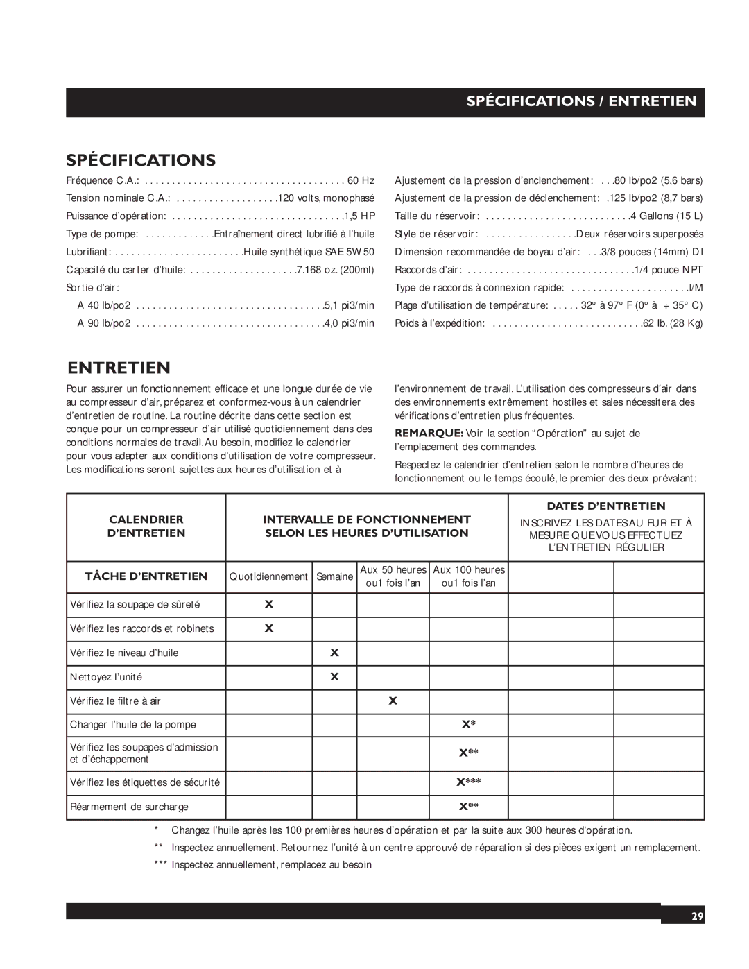 Briggs & Stratton 074001 manuel dutilisation Spécifications / Entretien 