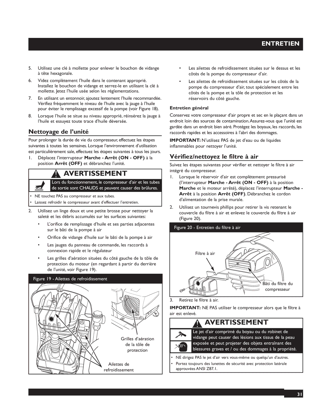 Briggs & Stratton 074001 manuel dutilisation Nettoyage de l’unité, Vérifiez/nettoyez le filtre à air, Entretien général 