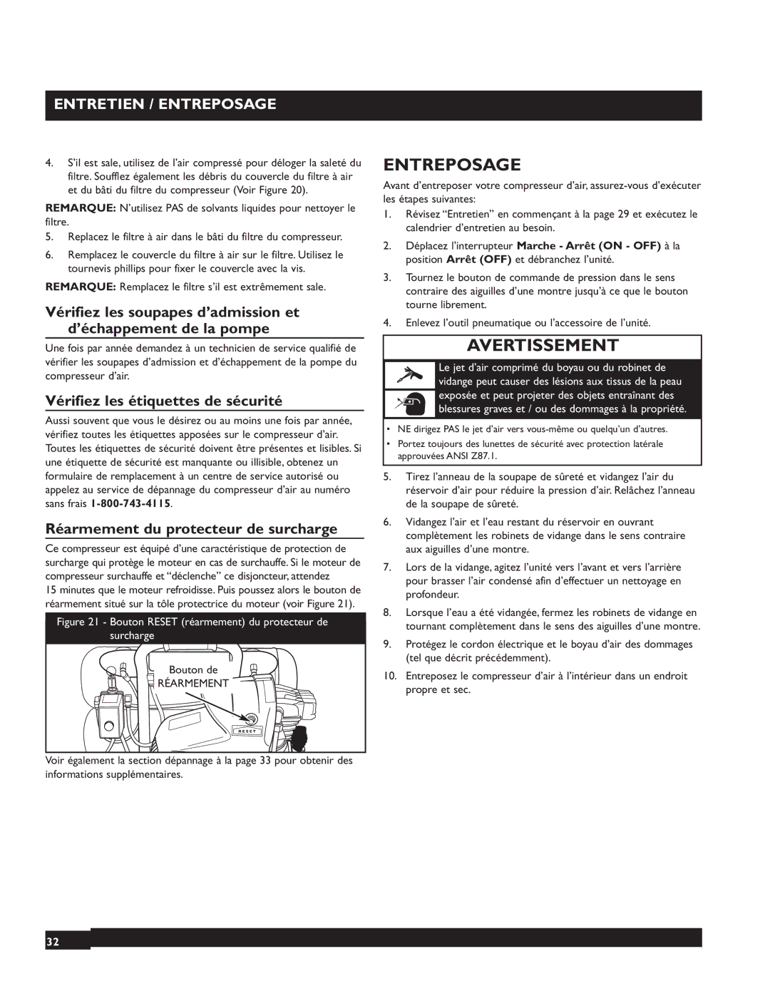 Briggs & Stratton 074001 manuel dutilisation Entretien / Entreposage, Vérifiez les étiquettes de sécurité, Réarmement 