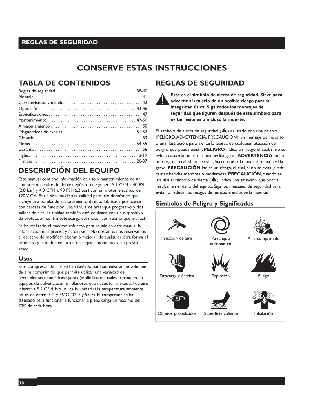 Briggs & Stratton 074001 manuel dutilisation Tabla DE Contenidos, Descripción DEL Equipo, Reglas DE Seguridad 