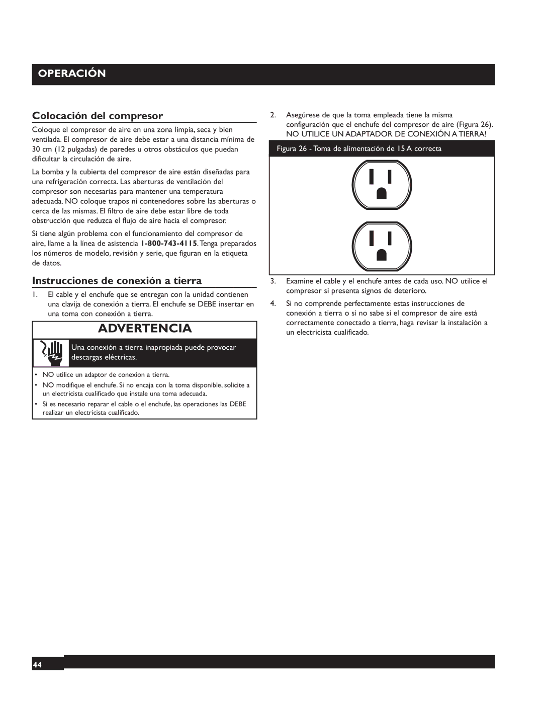 Briggs & Stratton 074001 manuel dutilisation Colocación del compresor, Instrucciones de conexión a tierra 