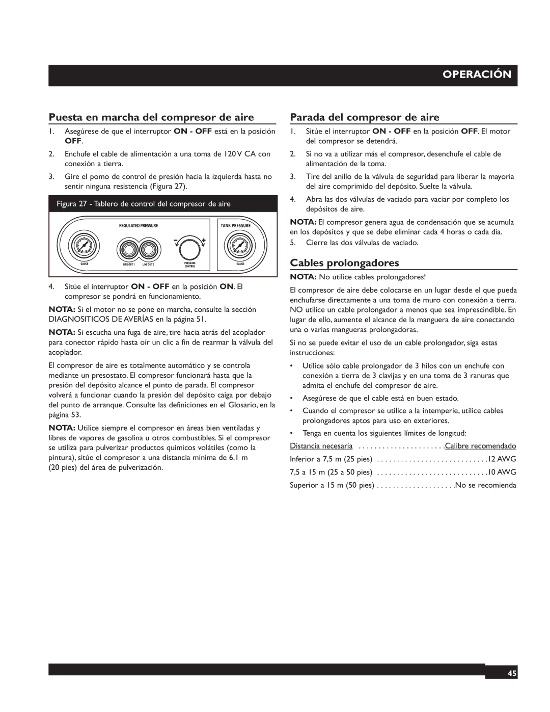 Briggs & Stratton 074001 Puesta en marcha del compresor de aire, Parada del compresor de aire, Cables prolongadores 