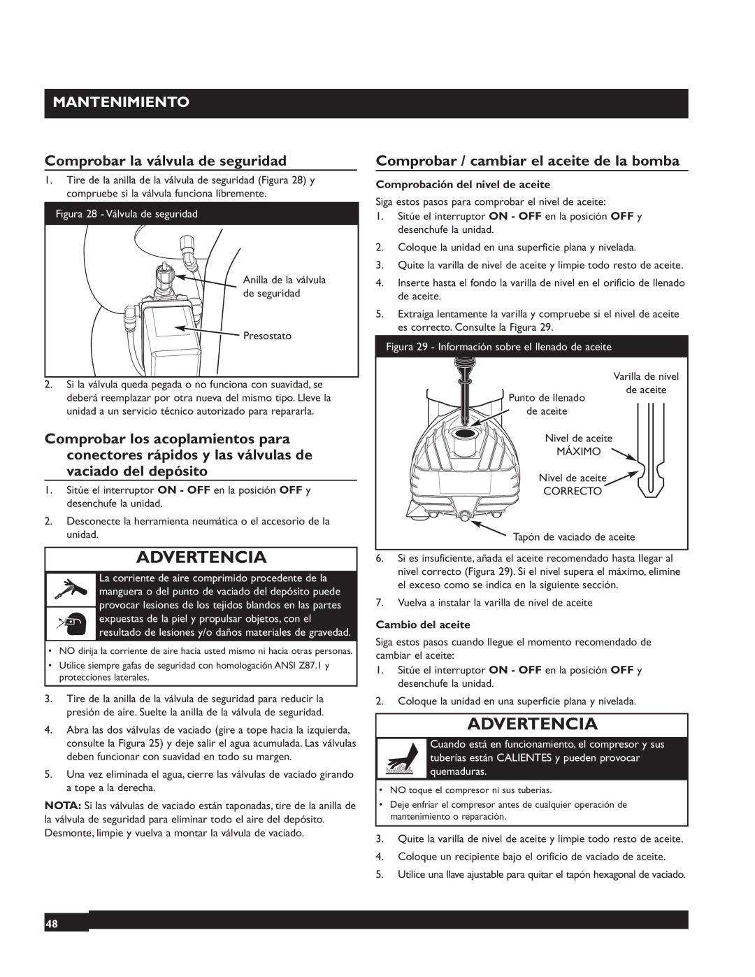 Briggs & Stratton 074001 Mantenimiento, Comprobar la válvula de seguridad, Comprobar / cambiar el aceite de la bomba 