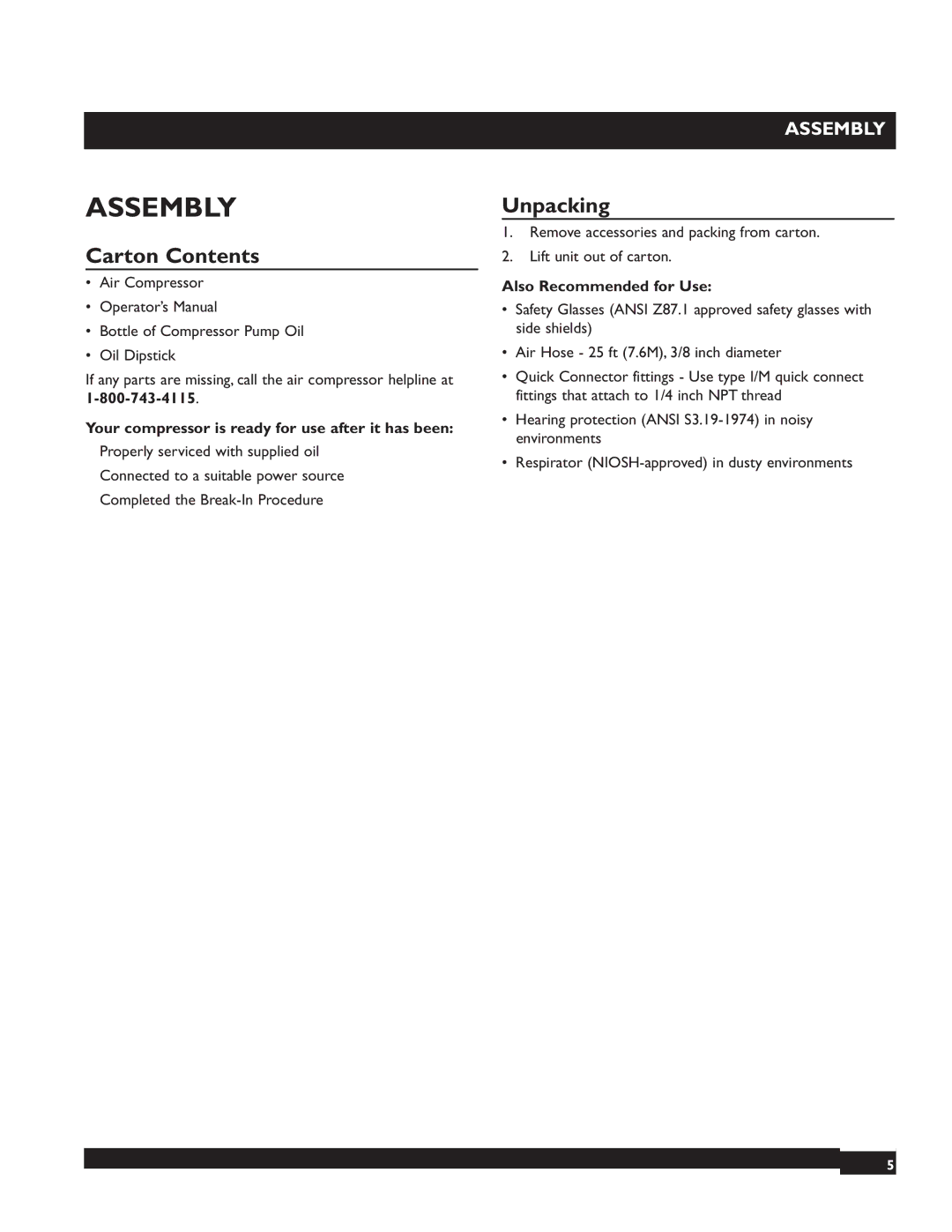 Briggs & Stratton 074001 manuel dutilisation Assembly, Carton Contents, Unpacking 