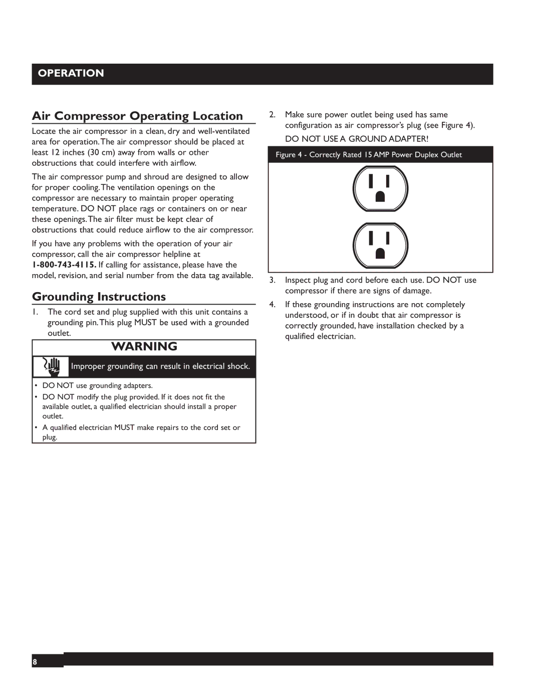 Briggs & Stratton 074001 manuel dutilisation Air Compressor Operating Location, Grounding Instructions 