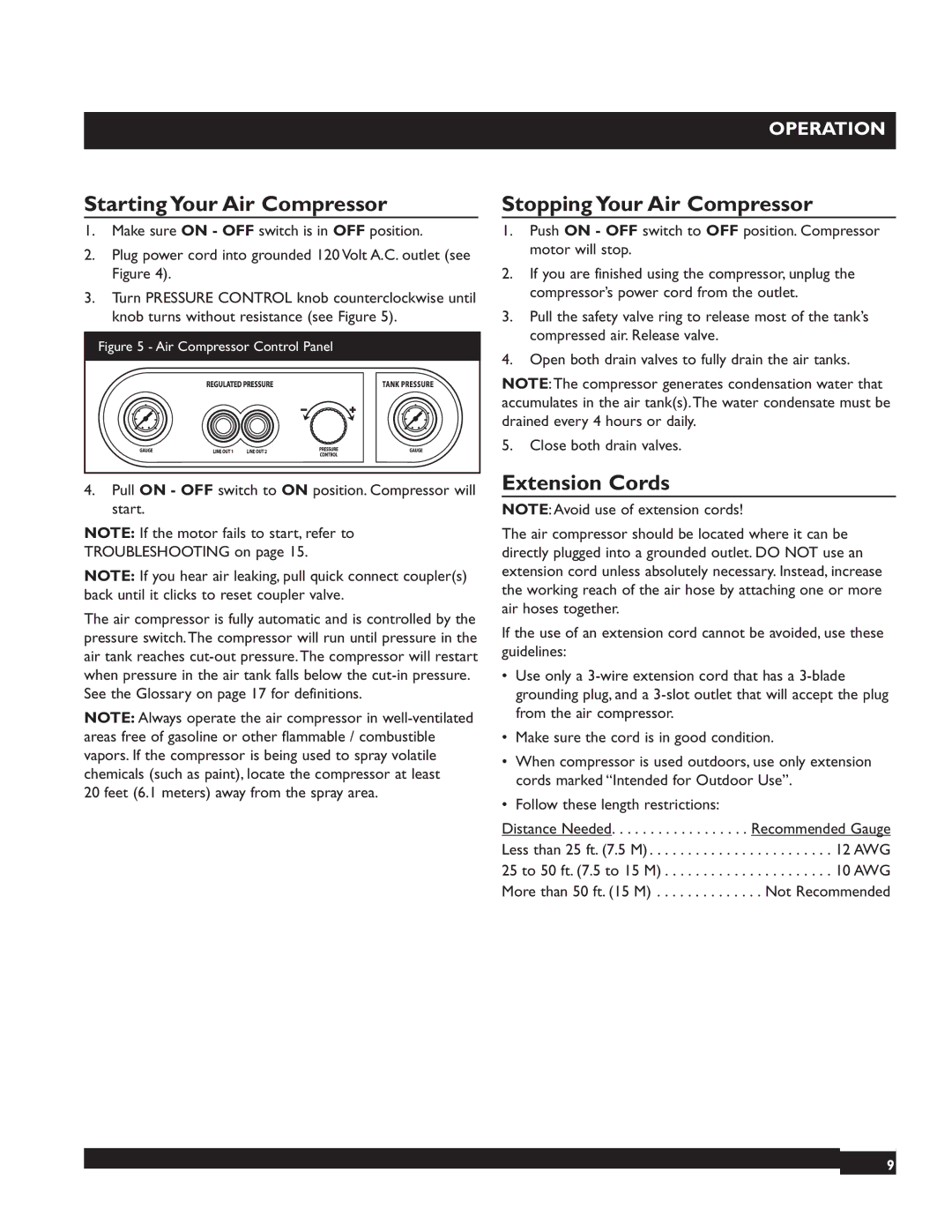 Briggs & Stratton 074001 manuel dutilisation Starting Your Air Compressor, Stopping Your Air Compressor, Extension Cords 