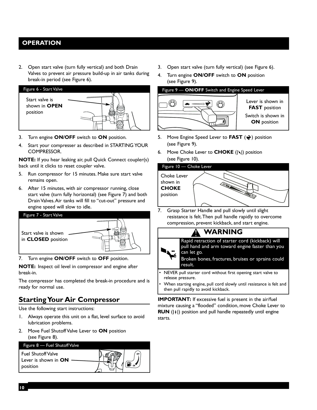 Briggs & Stratton 074002 operating instructions Starting Your Air Compressor, Start valve is shown in Closed position 