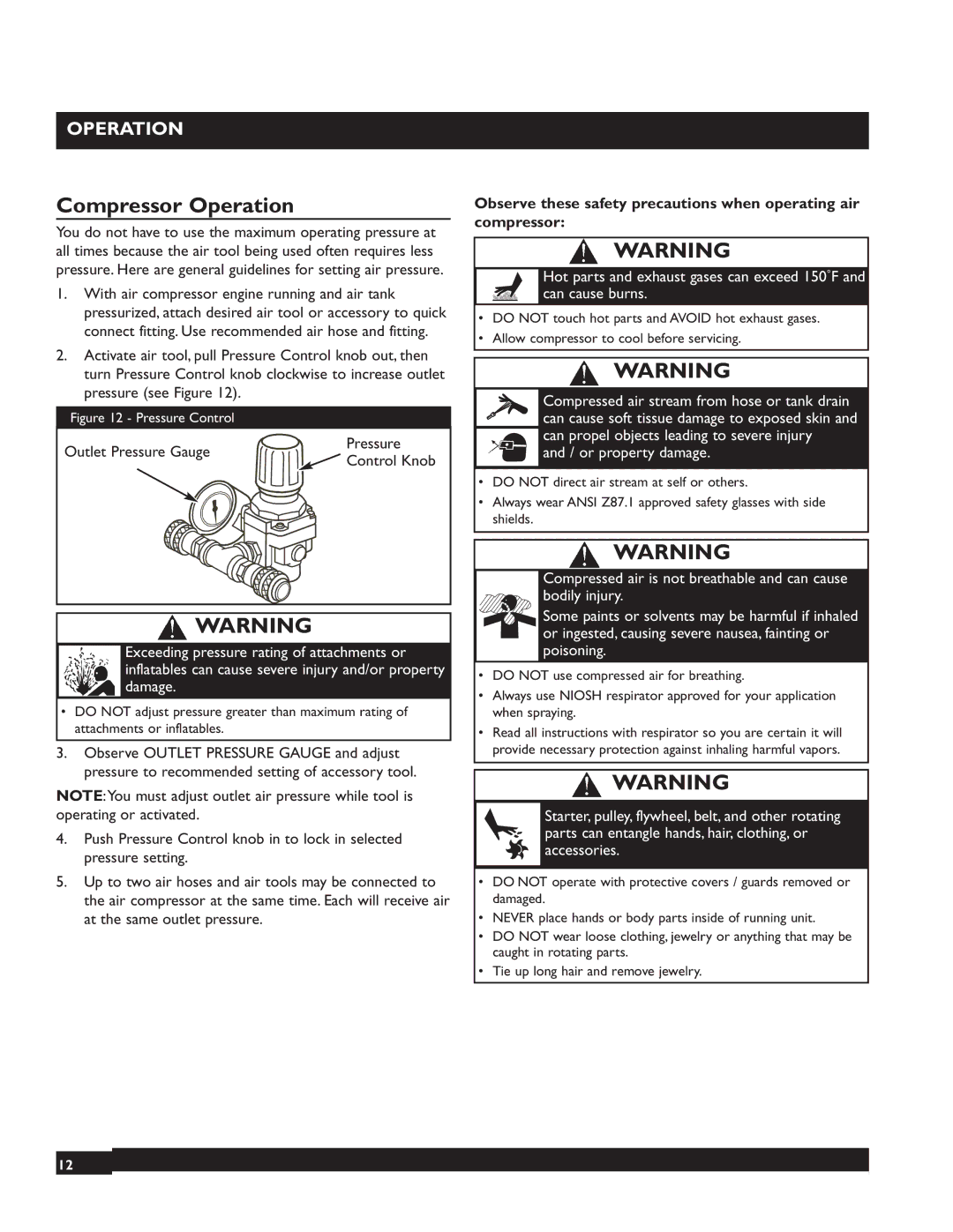 Briggs & Stratton 074002 operating instructions Compressor Operation, Pressure Control 