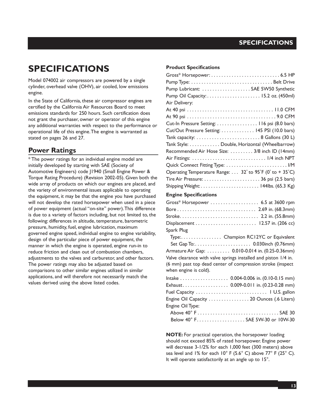 Briggs & Stratton 074002 operating instructions Power Ratings, Product Specifications, Engine Specifications 