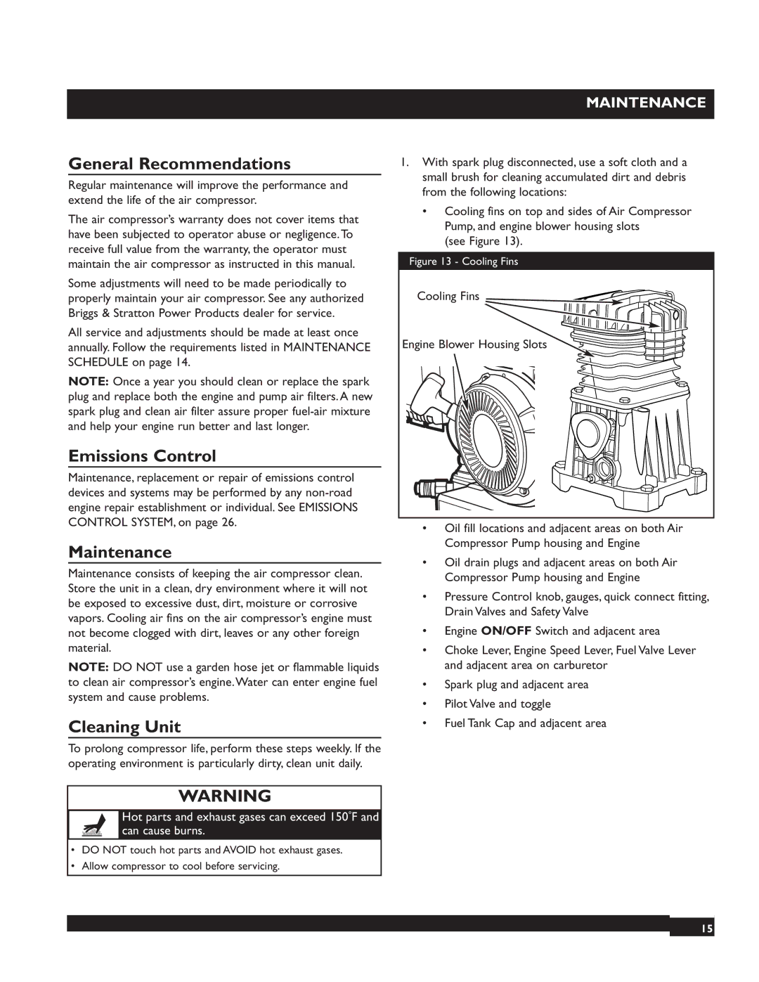 Briggs & Stratton 074002 operating instructions General Recommendations, Emissions Control, Maintenance, Cleaning Unit 