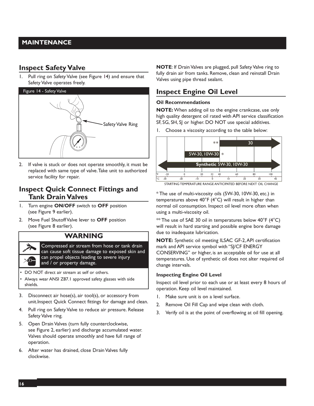 Briggs & Stratton 074002 Inspect Safety Valve, Inspect Quick Connect Fittings and Tank Drain Valves, Oil Recommendations 