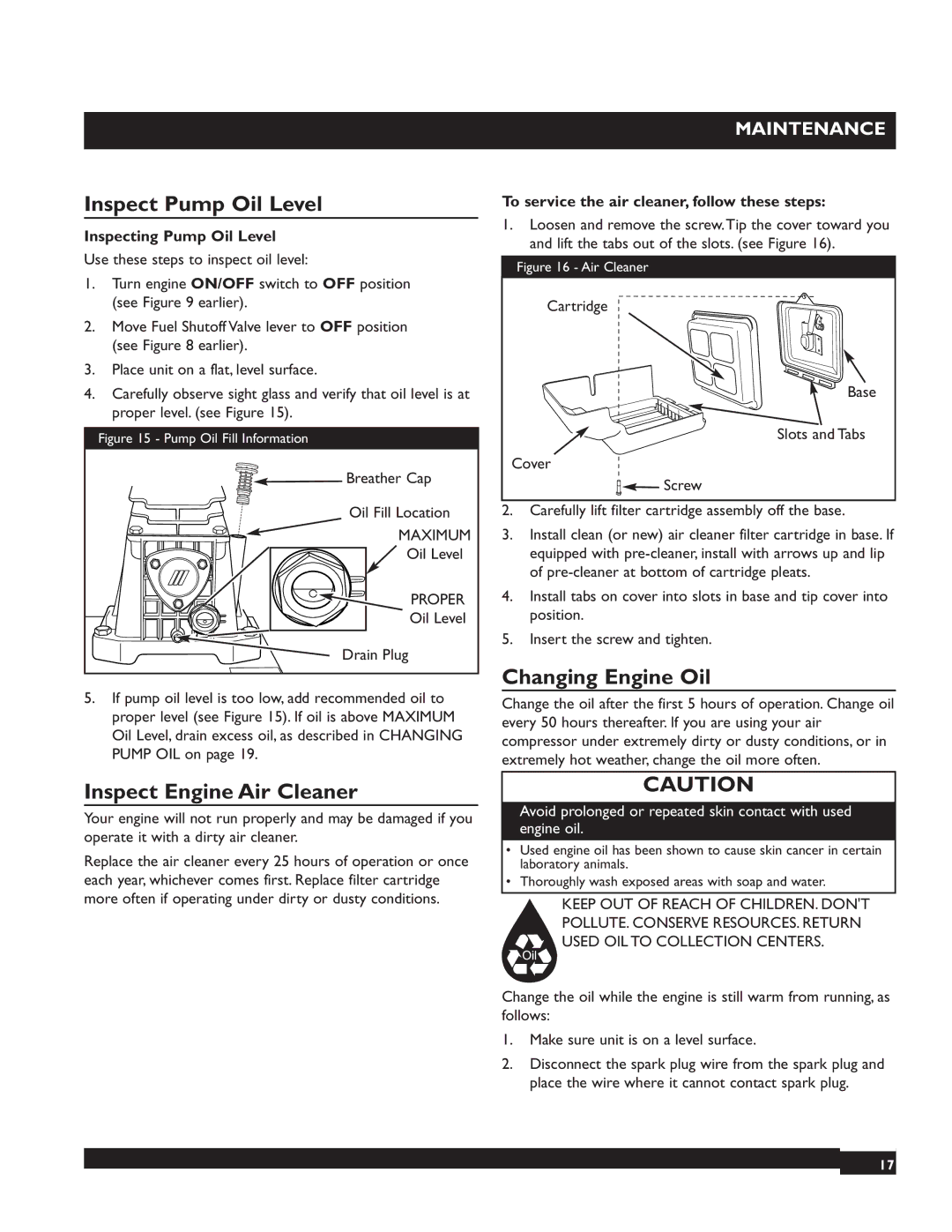 Briggs & Stratton 074002 operating instructions Inspect Pump Oil Level, Inspect Engine Air Cleaner, Changing Engine Oil 