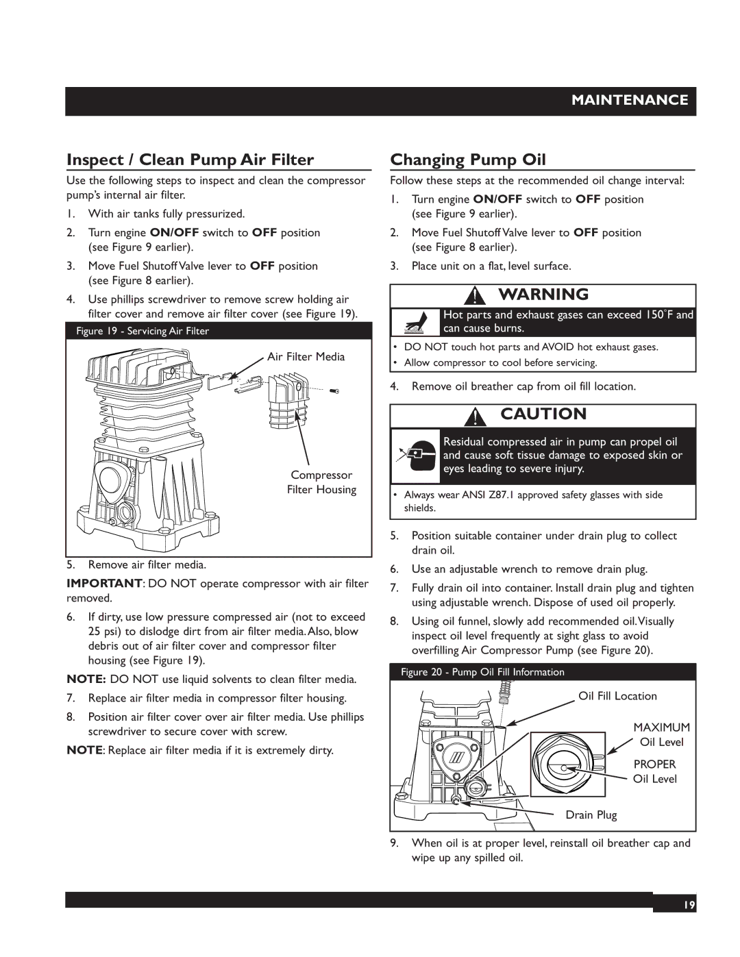 Briggs & Stratton 074002 operating instructions Inspect / Clean Pump Air Filter, Changing Pump Oil, Filter Housing 