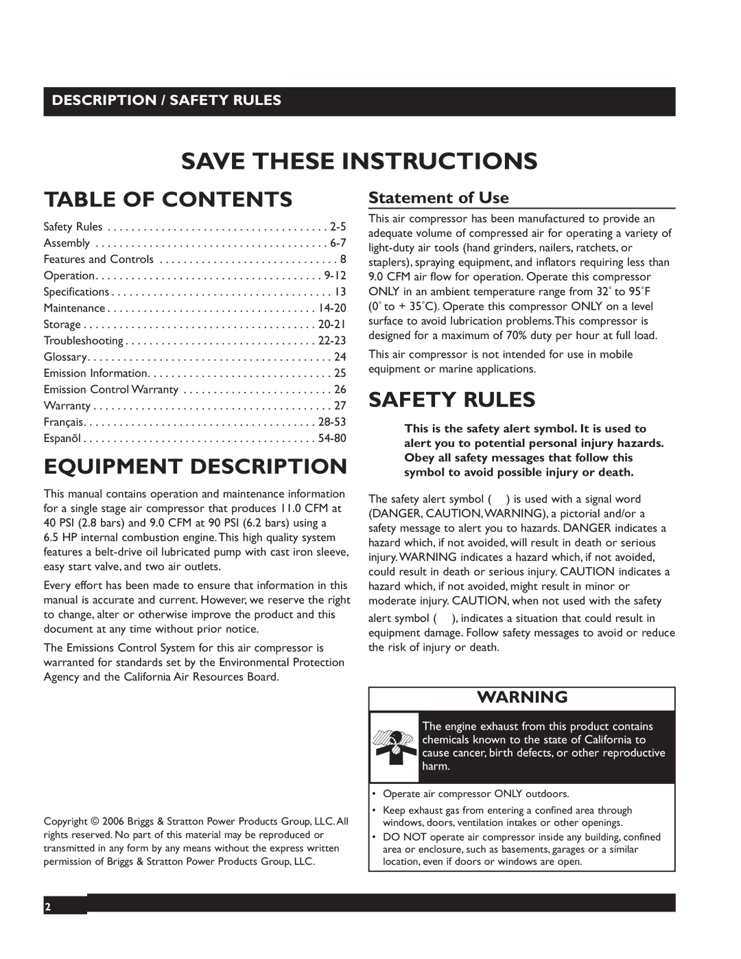 Briggs & Stratton 074002 operating instructions Table of Contents, Equipment Description, Safety Rules 