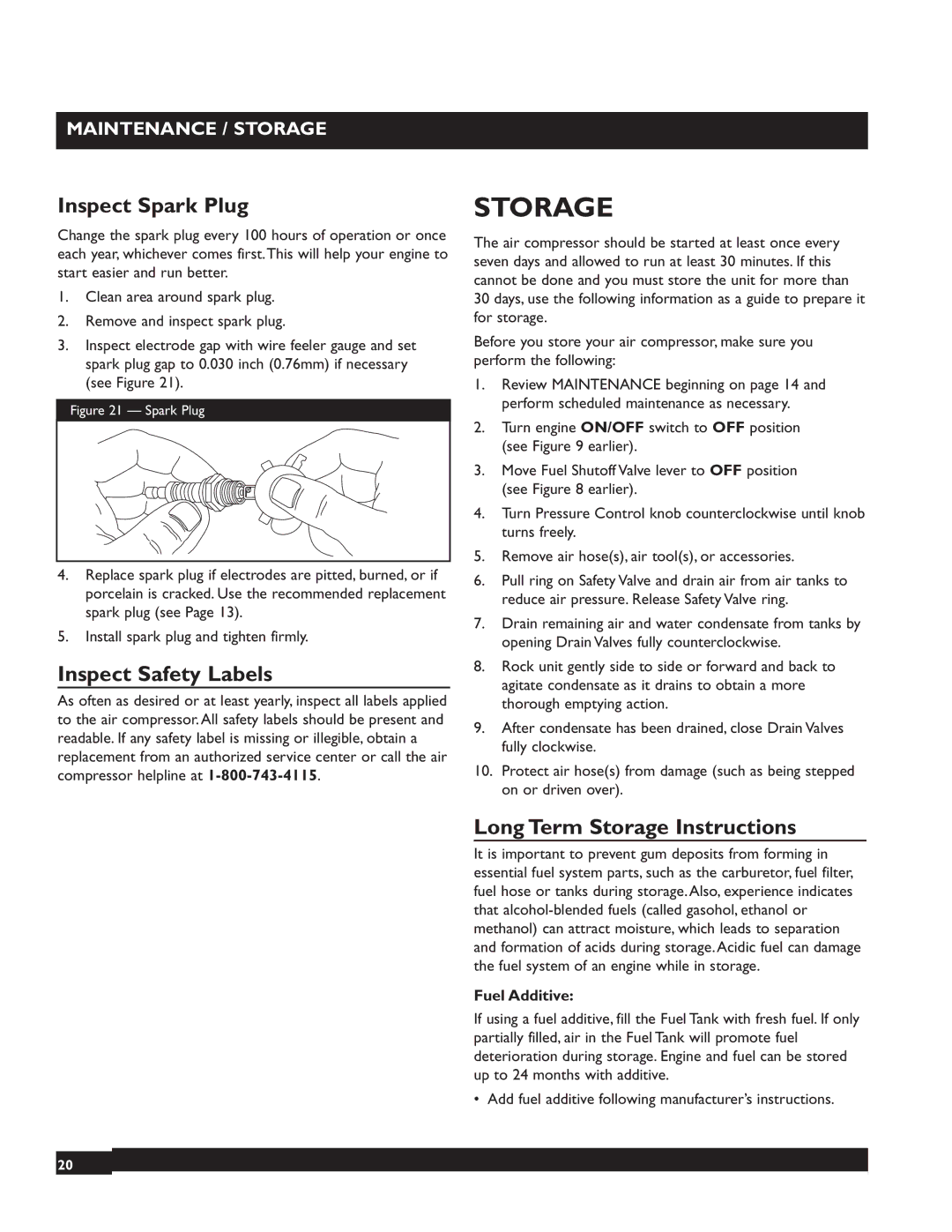 Briggs & Stratton 074002 Inspect Spark Plug, Inspect Safety Labels, Long Term Storage Instructions 