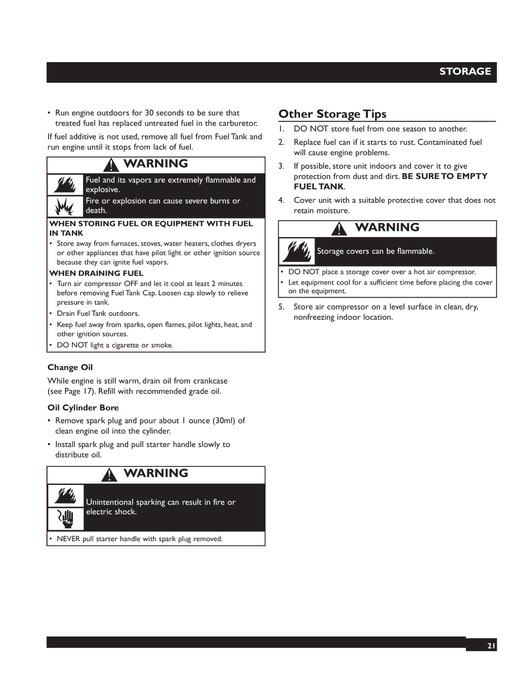 Briggs & Stratton 074002 operating instructions Other Storage Tips, Change Oil, Oil Cylinder Bore, When Draining Fuel 