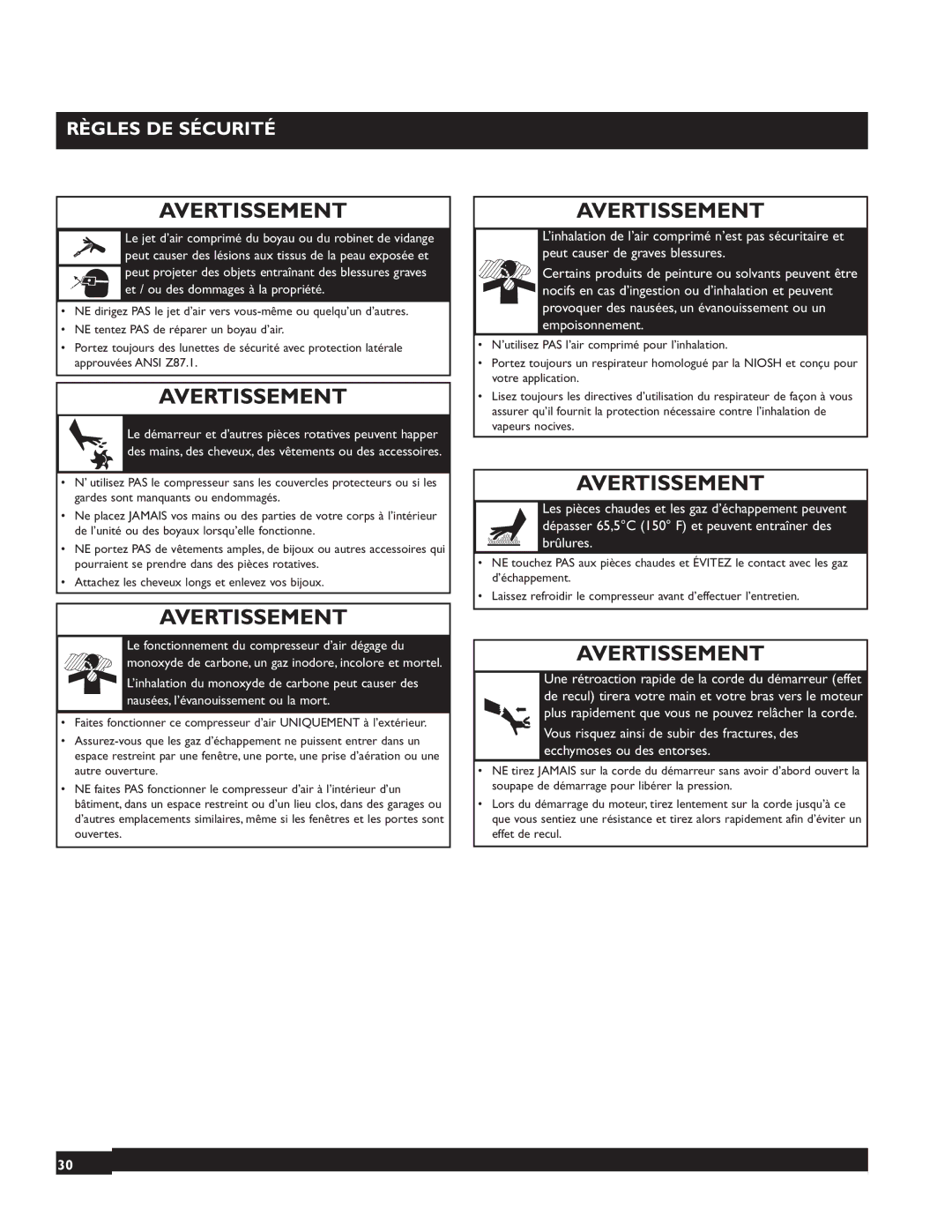 Briggs & Stratton 074002 operating instructions Avertissement 