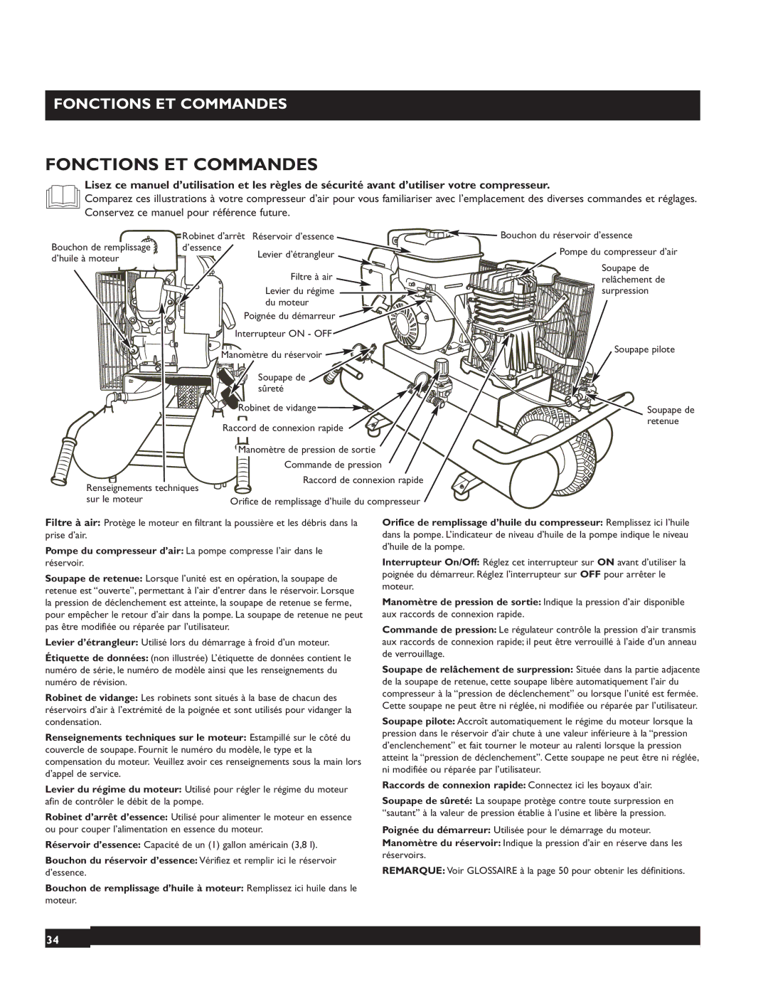 Briggs & Stratton 074002 operating instructions Fonctions ET Commandes 