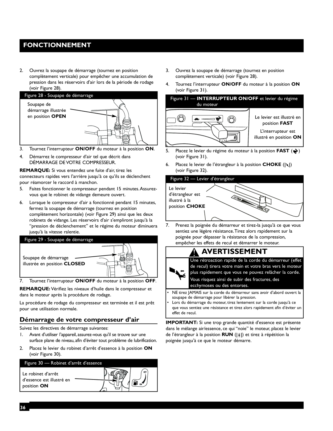 Briggs & Stratton 074002 Démarrage de votre compresseur d’air, Tournez l’interrupteur ON/OFF du moteur à la position OFF 