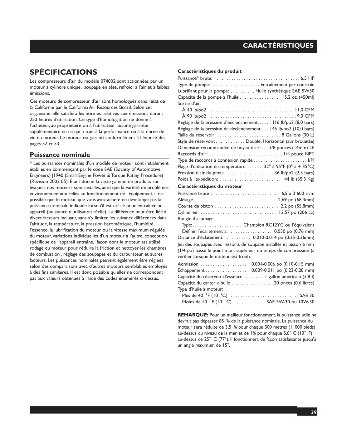 Briggs & Stratton 074002 Spécifications, Puissance nominale, Caractéristiques du produit, Caractéristiques du moteur 