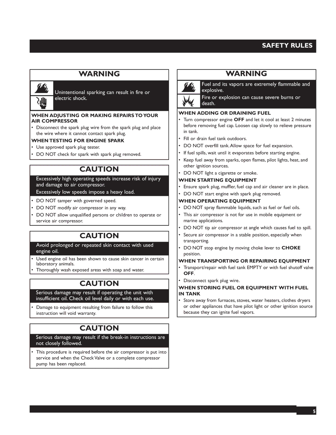 Briggs & Stratton 074002 When Adjusting or Making Repairs to Your AIR Compressor, When Testing for Engine Spark 