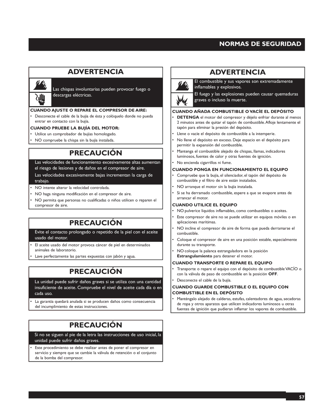 Briggs & Stratton 074002 operating instructions Precaución, Cuando Ajuste O Repare EL Compresor DE Aire 