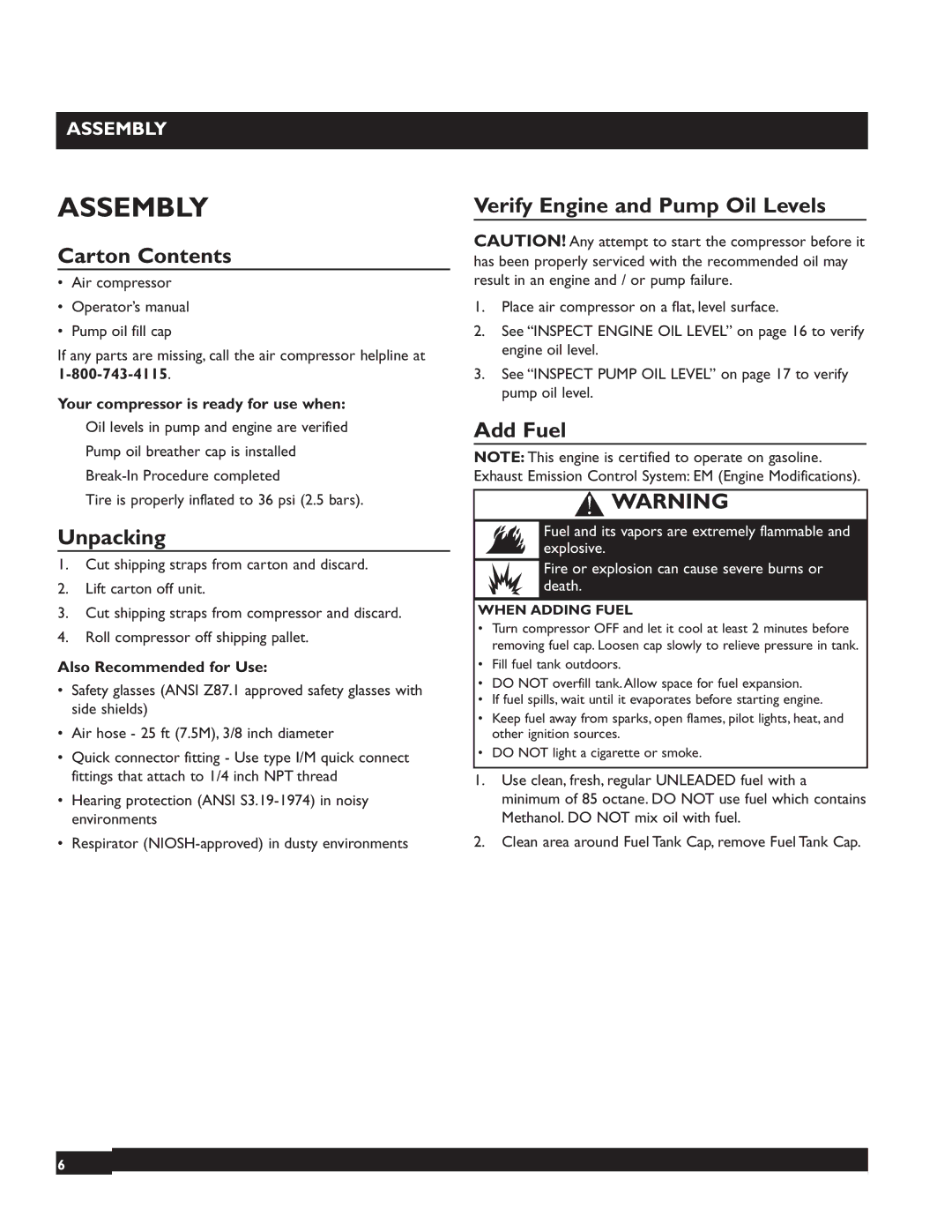 Briggs & Stratton 074002 Assembly, Carton Contents, Unpacking, Verify Engine and Pump Oil Levels, Add Fuel 