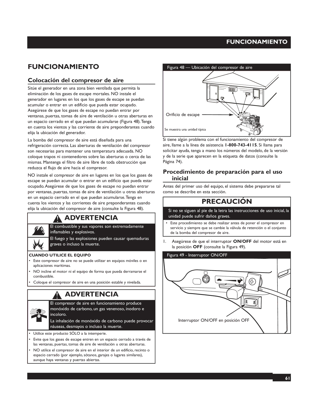 Briggs & Stratton 074002 operating instructions Funcionamiento, Colocación del compresor de aire 