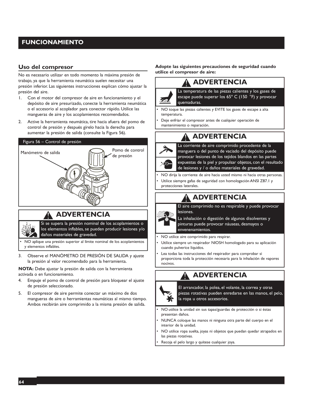 Briggs & Stratton 074002 operating instructions Uso del compresor, Figura 56 Control de presión 