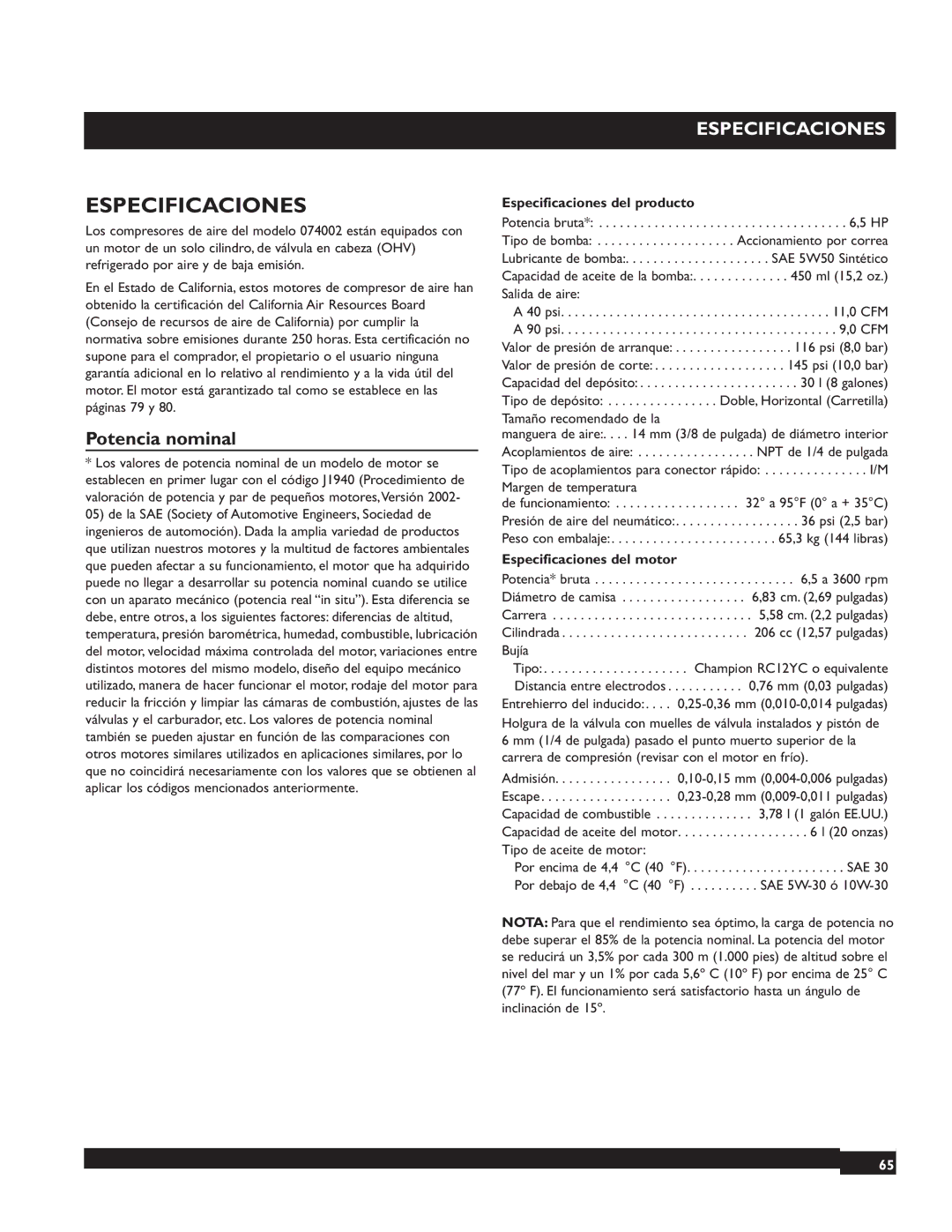 Briggs & Stratton 074002 Potencia nominal, Especificaciones del producto, Especificaciones del motor 