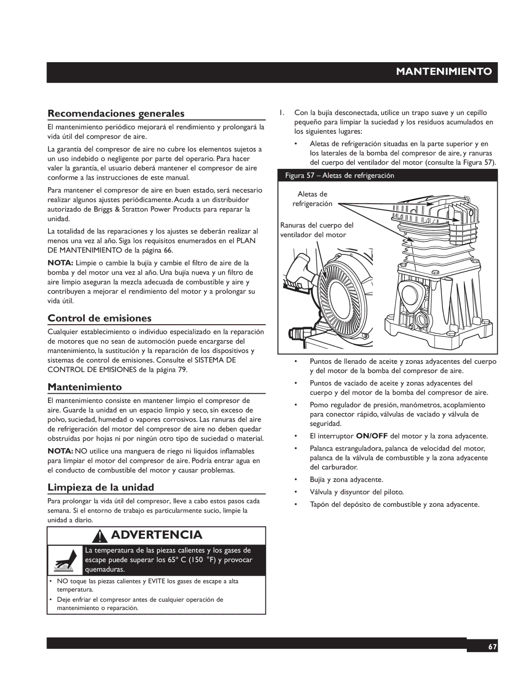 Briggs & Stratton 074002 Recomendaciones generales, Control de emisiones, Mantenimiento, Limpieza de la unidad 